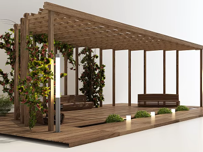 Wooden Pergola With Climbing Vines Wooden Deck Bench And Floor Lights 3d model