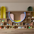 Wooden Children Bookcase With Yellow Green Arch Design Multiple Shelves And Organized Toys Storage