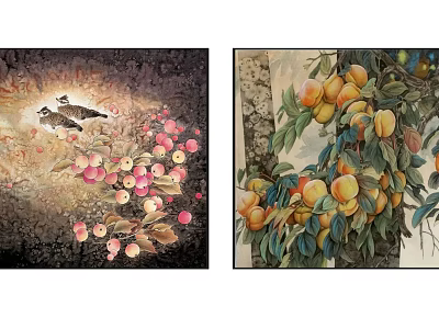 Vibrant Nature Artworks Featuring Birds Pink Fruits Yellow Fruits And Leaves 3d model