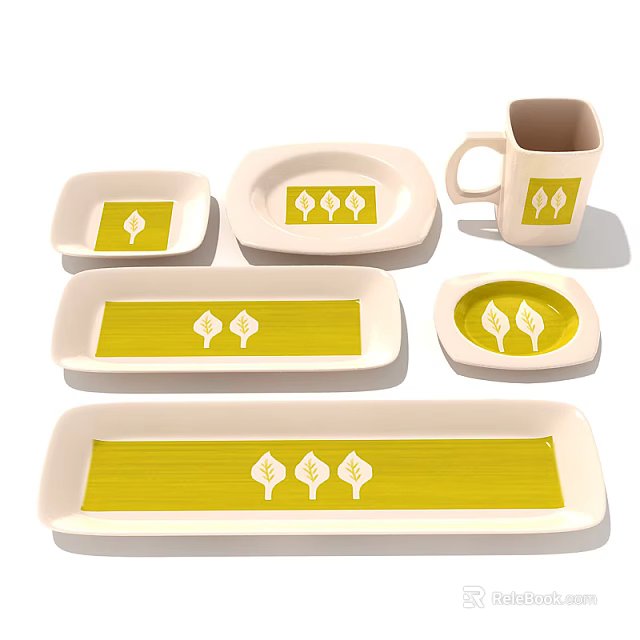 White And Yellow Tableware Set With Leaf Patterns Including Plates And Mug 3d model