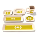 White And Yellow Tableware Set With Leaf Patterns Including Plates And Mug 3d model