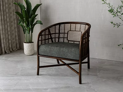 Comfortable Rattan Leisure Chair With Wooden Frame And Gray Cushion For Modern Indoor Decor 3d model