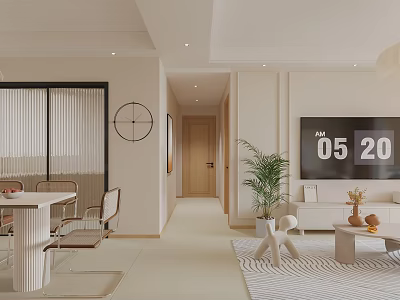 Modern Living And Dining Room Interior With Dining Table Sofa Coffee Table TV And Plant 3d model