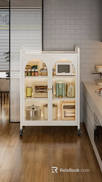 White Glass Doors Kitchen Cabinet With Microwave Oven Toaster And Cookware Storage 3d model 
