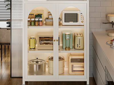 White Glass Doors Kitchen Cabinet With Microwave Oven Toaster And Cookware Storage 3d model