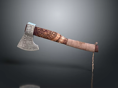 Traditional Handcrafted Axe With Metal Blade And Intricate Carved Wooden Handle 3d model