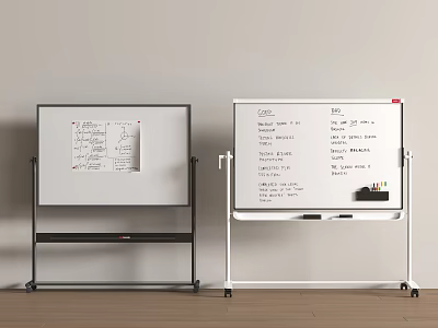 Two Mobile Whiteboards with Black and White Stands Handwritten Notes and Markers 3d model