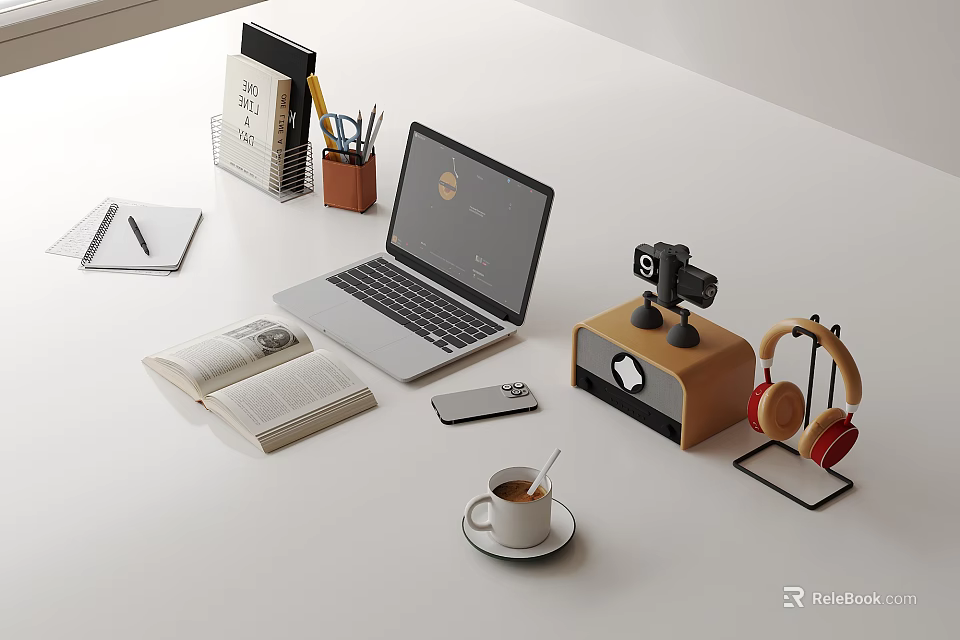 Laptop On Workspace With Open Book Coffee Cup Camera Headphones And Smartphone 3d model 