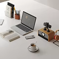 Laptop On Workspace With Open Book Coffee Cup Camera Headphones And Smartphone