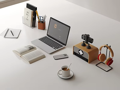Laptop On Workspace With Open Book Coffee Cup Camera Headphones And Smartphone 3d model