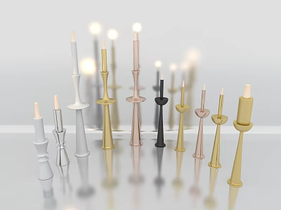 Various Colored Candle Lamps With Unique Designs And Ambient Lighting On Sleek Surface 3d model