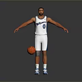 Man In White Wizards Basketball Uniform Number 0 With Basketball And Blue Sneakers