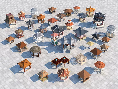Various Styles of Pavilions with Different Roof Shapes and Colors on White Ground 3d model