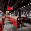 Stylish Hotpot Restaurant Interior With Wooden Ceiling Digital Screens Reception Counter And Green Plants
