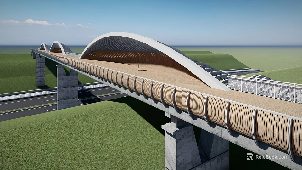 Modern Arched Pedestrian Bridge With Wooden Deck And Concrete Piers Over Green Grassy Landscape 3d model 