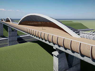 Modern Arched Pedestrian Bridge With Wooden Deck And Concrete Piers Over Green Grassy Landscape 3d model