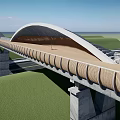 Modern Arched Pedestrian Bridge With Wooden Deck And Concrete Piers Over Green Grassy Landscape