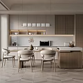 Modern Restaurant Interior With Dining Table Chairs Pendant Lights And Wooden Cabinets