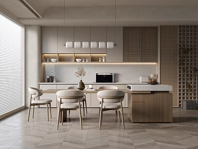 Modern Restaurant Interior With Dining Table Chairs Pendant Lights And Wooden Cabinets 3d model