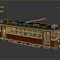 Vintage Red Tram with Multiple Windows Open Doors and Overhead Tram Line