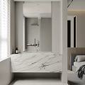 Modern Minimalist Bedroom Interior With Neutral Tones Wooden Headboard And Decorative Paintings