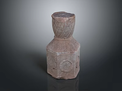 Carved Stone Pillar with Hexagonal Base Round Top and Intricate Engravings on Surface 3d model