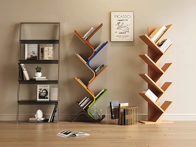 Modern Geometric Bookcases With Various Colors Books And Decorative Items 3d model