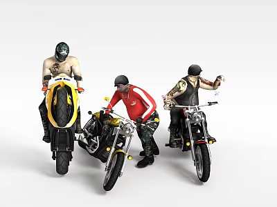Three Riders On Yellow And Black Motorcycles Posing In Different Styles 3d model