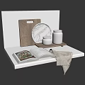 Elegant Decorative Ornament Set With Wooden Tray Marble Plate White Jars Open Book And Linen Cloth