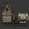 Rusty Old Industrial Machine With Mechanical Structure Red Wheel And Metal Pipes