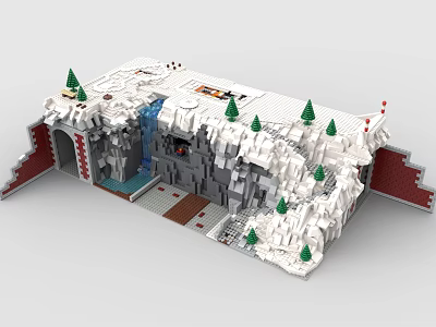 Lego Snowy Mountain Scene with Green Trees Red Walls Entrance and Water Feature 3d model
