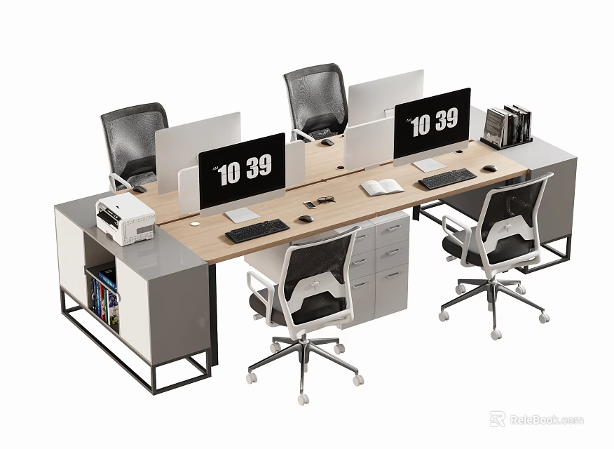 Modern Office Desk Setup With Multiple Monitors Office Chairs Printer And Filing Cabinets 3d model