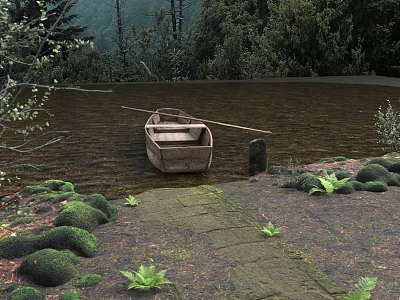 Scenic View of Wooden Boat on Calm Water with Green Mossy Stones and Stone Path 3d model