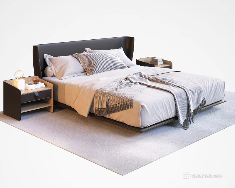 Modern Double Bed With Dark Headboard White Sheets Pillows And Nightstand On Rug 3d model 