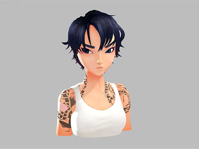 Stylized 3D Female Character With Short Dark Hair White Tank Top And Arm Tattoos 3d model