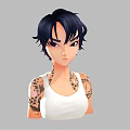 Stylized 3D Female Character With Short Dark Hair White Tank Top And Arm Tattoos