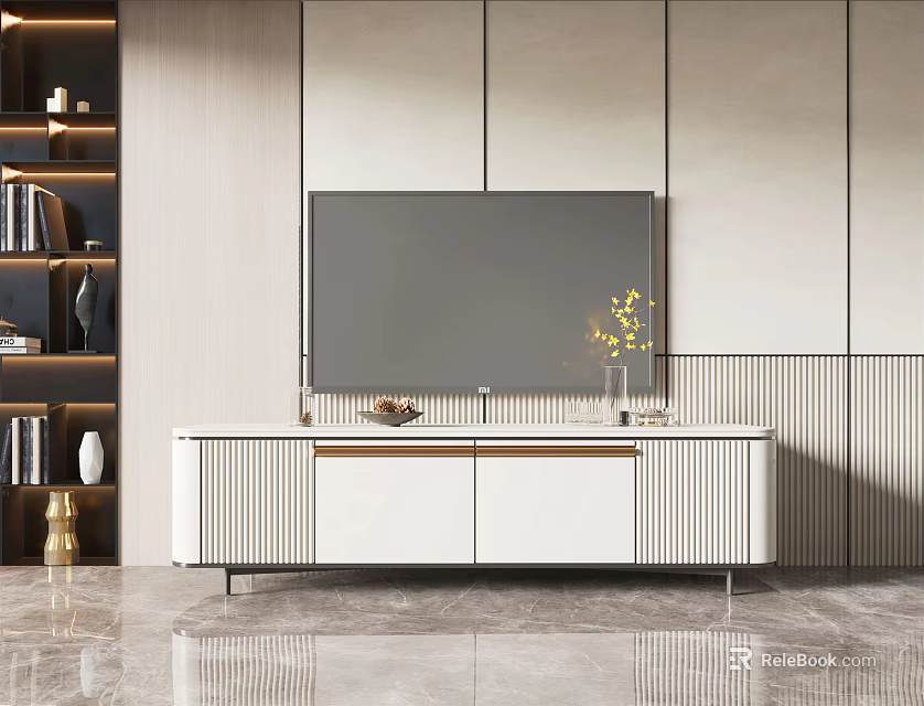 Modern White TV Stand In Living Room With Vase Bookshelf And Decorative Items 3d model 