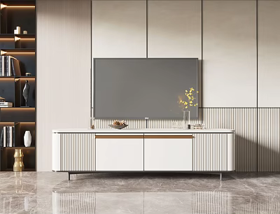 Modern White TV Stand In Living Room With Vase Bookshelf And Decorative Items 3d model