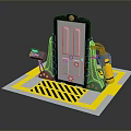 Industrial Metal Gate With Control Console Mechanical Arms And Yellow Warning Stripes Platform