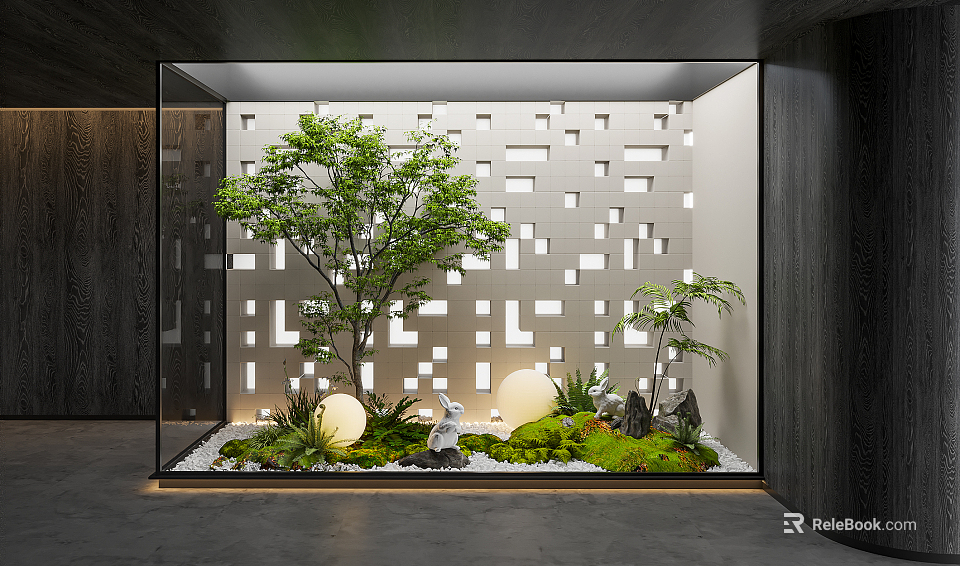 Indoor Garden Ornament With Glass Wall Tree Rockery Round Lights And Square Cutout Wall 3d model 