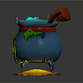 Decorative Magic Cauldron with Blue Body Red Lid Green Vines Moon Pattern and Yellow Flames