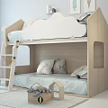 Wooden Bunk Bed For Kids Room With Cloud Shaped Headboard Ladder And Colorful Pillows