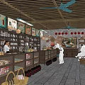 Traditional Style Store Interior With Wooden Shelves Red Lanterns Ceiling Fans and Customers Shopping