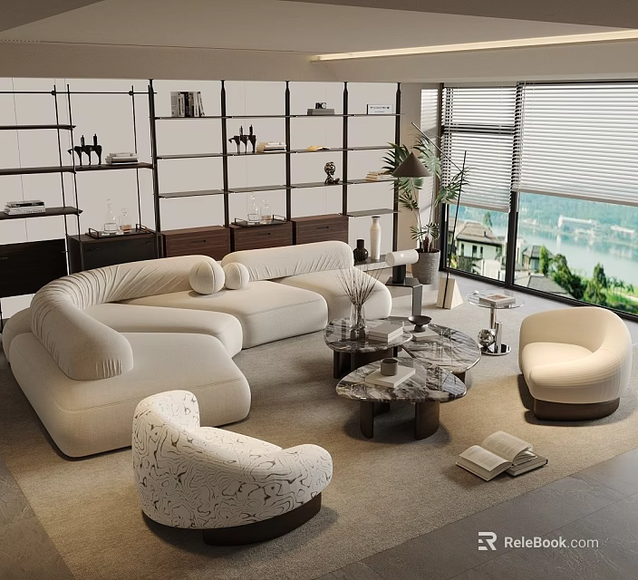 Modern Living Room With White Sofa Marble Coffee Table Armchair Bookshelf And Window View 3d model 