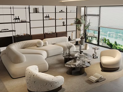 Modern Living Room With White Sofa Marble Coffee Table Armchair Bookshelf And Window View 3d model