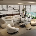Modern Living Room With White Sofa Marble Coffee Table Armchair Bookshelf And Window View