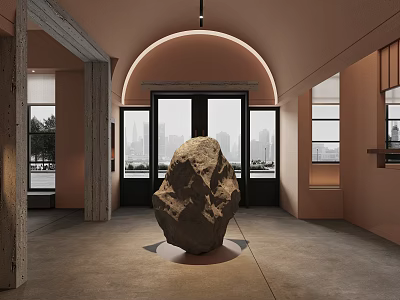 Modern Hotel Corridor With Arched Doorway Large Windows And Stone Sculpture 3d model