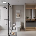 Modern Bathroom Interior With Glass Shower Toilet Vanity And Mirror