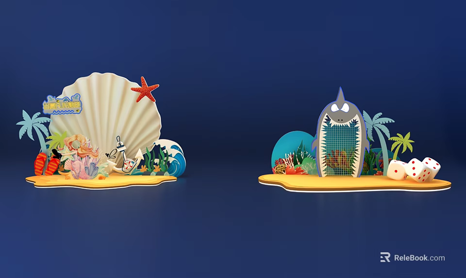 Colorful Beach Scene With Seashell Starfish Surfboard Palm Trees And Cartoon Decorations 3d model 