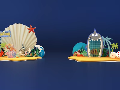 Colorful Beach Scene With Seashell Starfish Surfboard Palm Trees And Cartoon Decorations 3d model